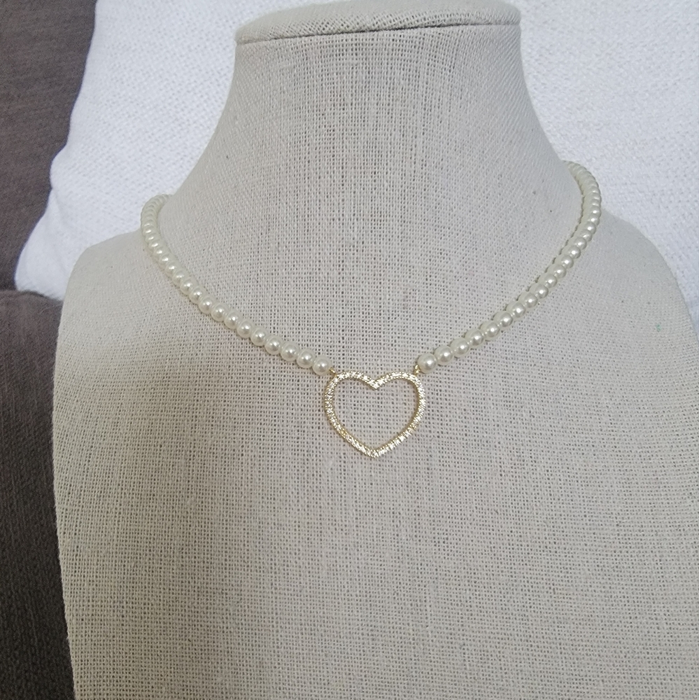 Gold dipped pearl CZ heart necklace